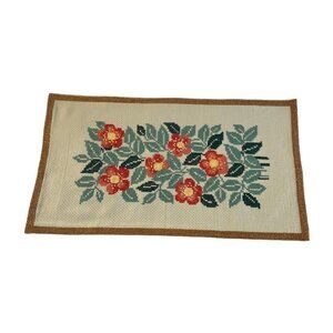 Handmade Cross Stitch Table Topper Finished Floral Leaves Border 27.5 X 16 Inch